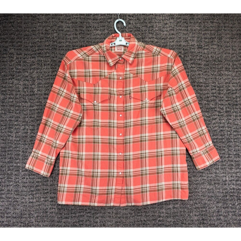 Levis Shirt Womens Large Oversized Pink Plaid Flannel Pearl Snap Western Outdoor